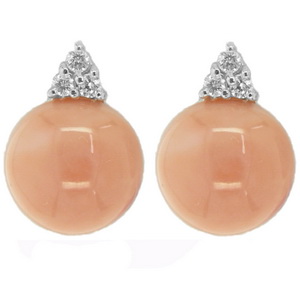 A Pair of 18K White Gold Pink Coral and Diamond Earrings.